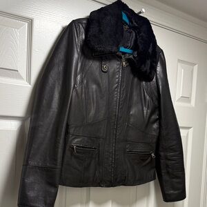 Black Leather Jacket with Faux Fur Collar